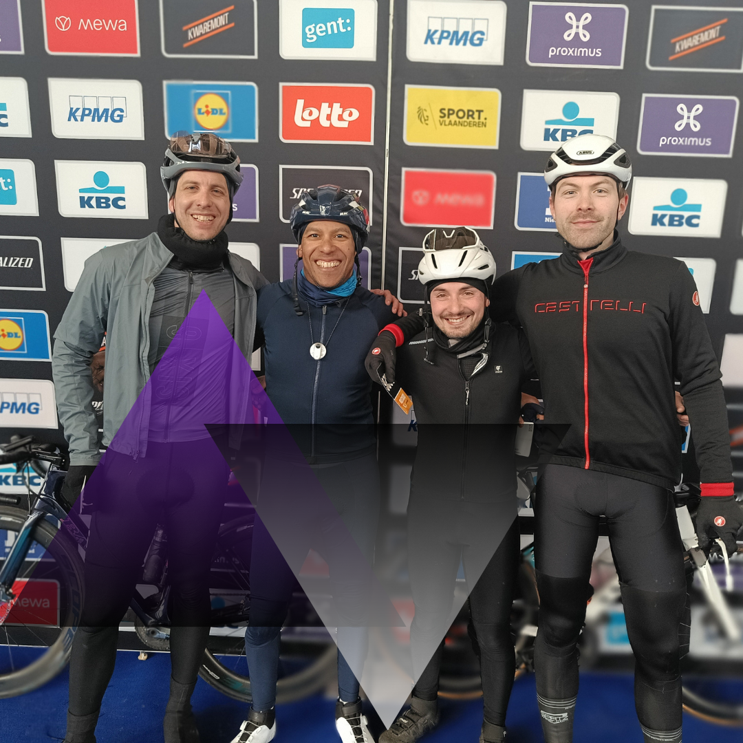 Members of Stoefers Racing Team posing in front of a poster with sponsors