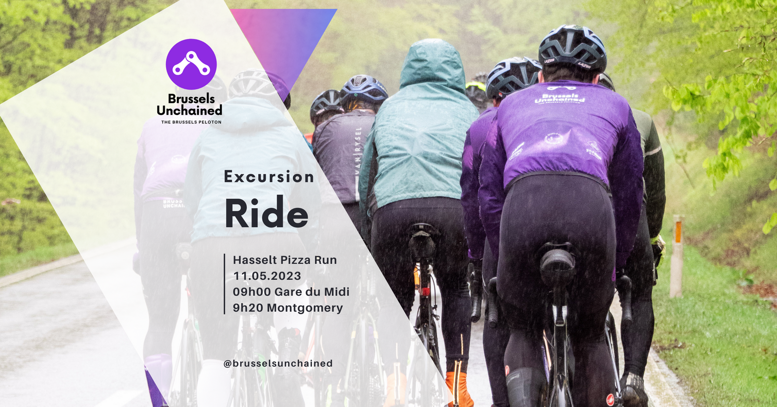 Group of cyclists in heavy winter gear riding down a countryside road