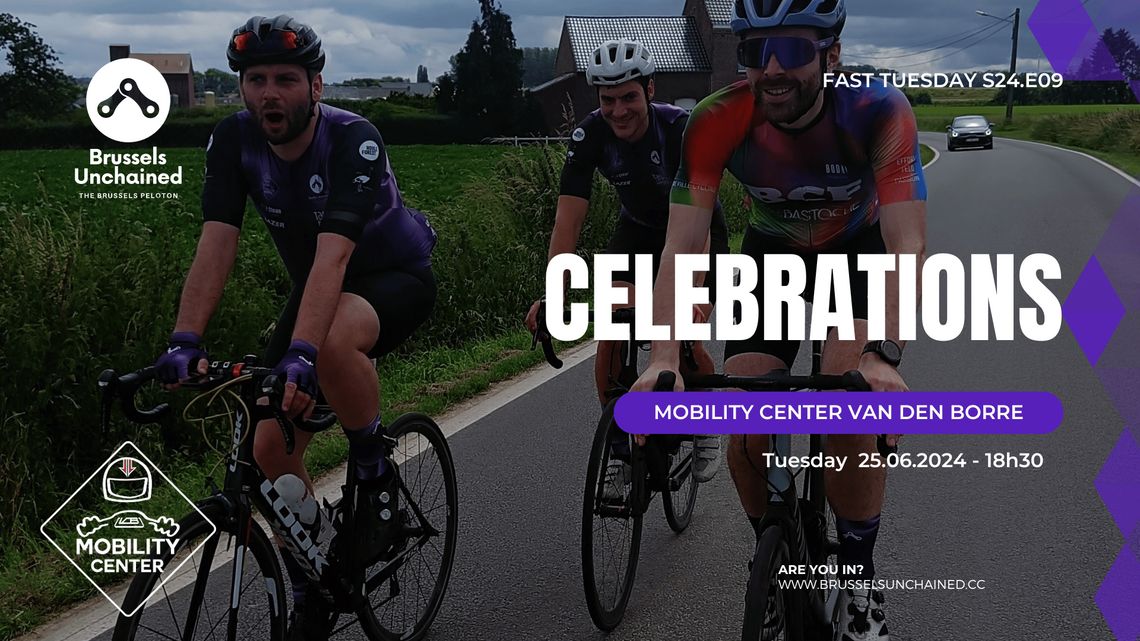 Cover image of the group ride Celebrations featuring three cyclists followed by a car