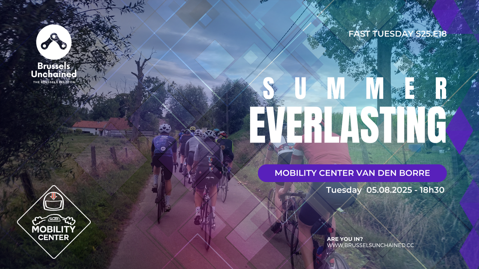 Large group of cyclists riding on countryside roads in Belgium